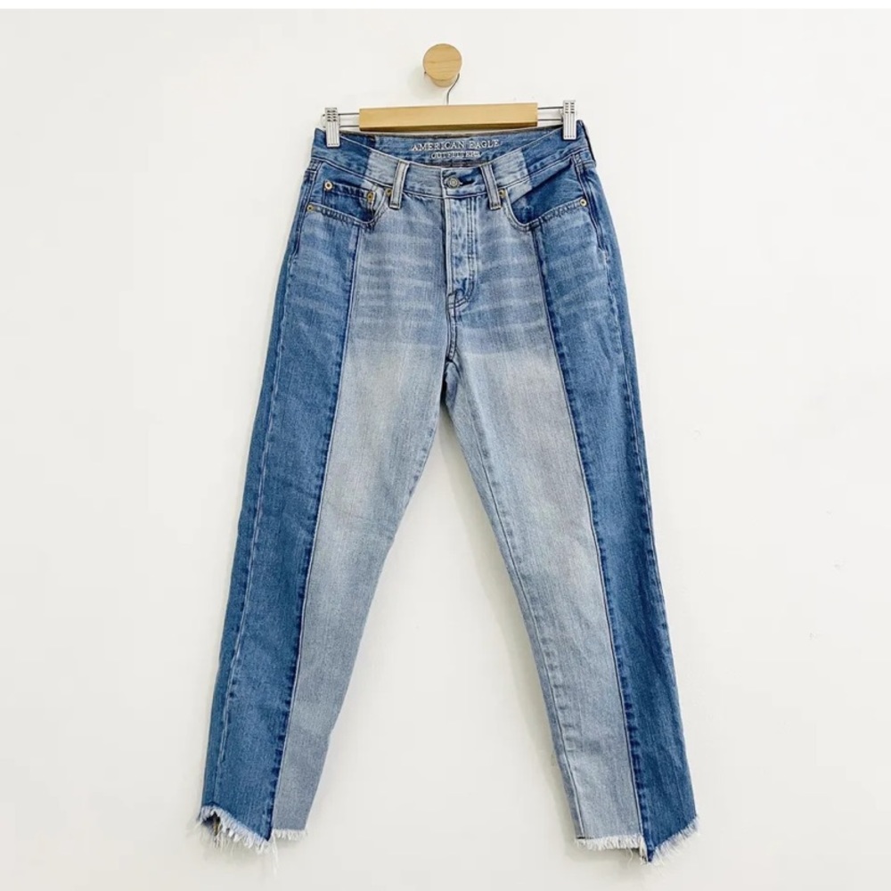 American Eagle Vintage High Rise Two Tone Frayed Hem Button Fly Jeans Size 4 Reg